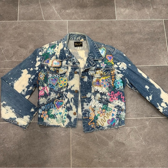 Wrangler denim jacket reworked painted bleached western cropped cut off jean - Picture 13 of 13